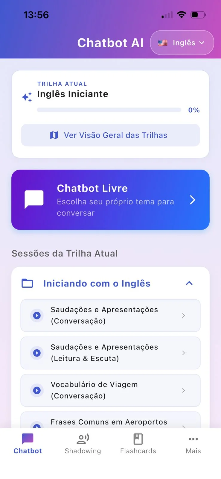 Tutor de IA do FlashAI com conversa para praticar inglês técnico