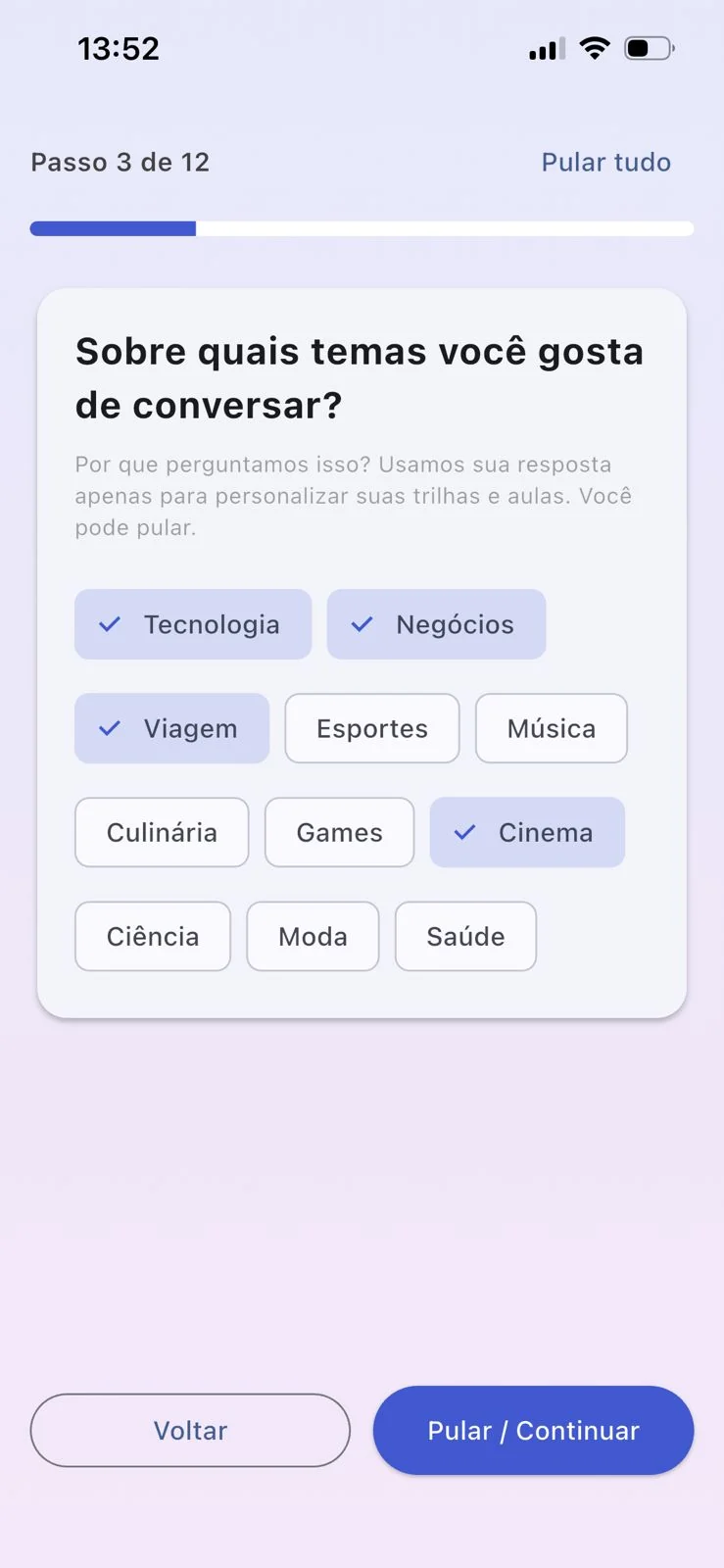 Tela de interesses para personalizar estudos de inglês no FlashAI