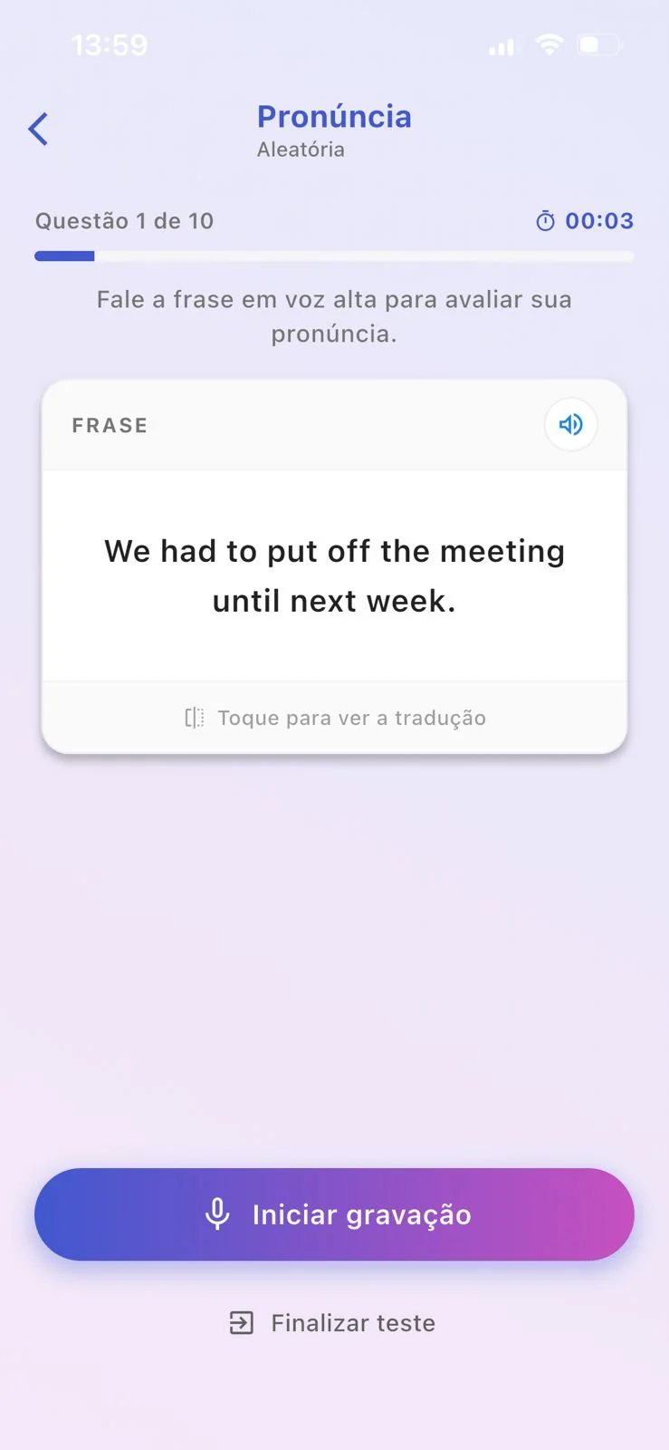 Tela de exercício de pronúncia por voz no FlashAI