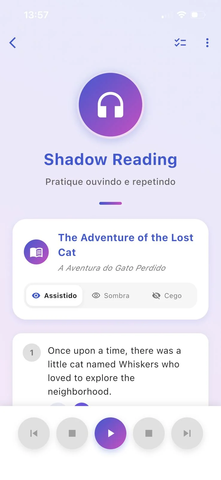 Tela de shadow reading no FlashAI